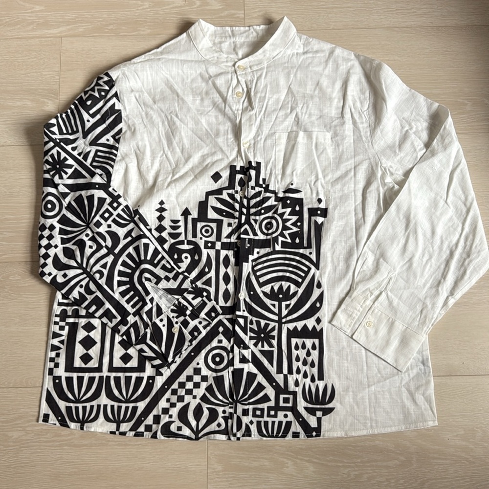 Men's White and Black Tribal Patterned Casual Button Down Long Sleeve Shirt
